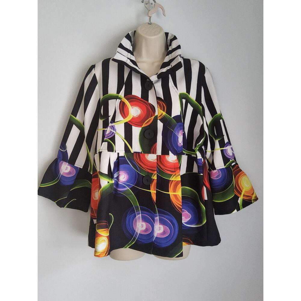 Damee Abstract Floral Swing Jacket Bl/Wh Stripe 3/4 Sleeve